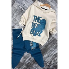 Riccotarz Erkek Çocuk Önü Yazı ve Dino Baskılı Kapşonlu Sweatshirt 3 Iplik Mavi Eşofman Takım