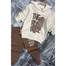 Riccotarz Erkek Çocuk Önü Yazı ve Dino Baskılı Kapşonlu Sweatshirt 3 Iplik Kahverengi Eşofman Takım