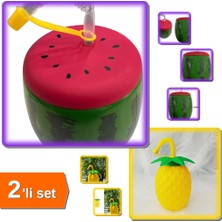 Hereveoyuncak Karpuz Tasarımlı Pipetli Suluk 900 ml + Ananas Pipetli Suluk 750 ml | Seti Eğlenceli Tasarım 1SET23
