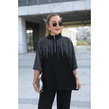 Qimya Butik Buketli Kadın Taş Işli Truvakar Kol Üst ve Paçası Taş Işli Pantolonlu Alt Üst Ikli Takım