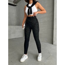 Mesga Butik Gizli Yan Fermuarlı Bulut Desenli Tayt Siyah H248638