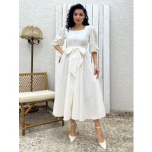 Küçüğüm Butik Beyaz Uzun Fiyonklu Kloş Poplin Elbise