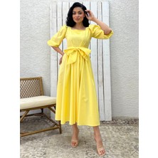 Küçüğüm Butik Sarı Uzun Fiyonklu Kloş Poplin Elbise