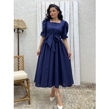 Küçüğüm Butik Lacivert Uzun Fiyonklu Kloş Poplin Elbise