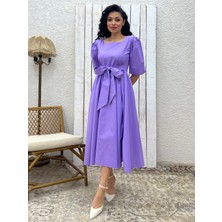 Küçüğüm Butik Lila Uzun Fiyonklu Kloş Poplin Elbise