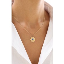 Zeyd Jewelry Mavi Doğal Taşlı Işın Desenli 14 Ayar Altın Kolye