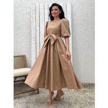 Küçüğüm Butik Sütlü Kahve Uzun Fiyonklu Kloş Poplin Elbise