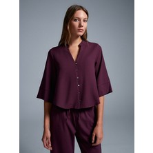 Dilvin 50530 V Yaka Düğmeli Bluz-Bordo
