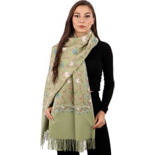 Bursa İpek Açık Yeşil Taşlı Nakışlı Kışlık Şal