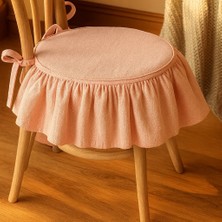 Shules Collection  El Yapımı Yuvarlak Buldan Yıkanmıs Keten Fırfırlı Sandalye Minderi(Pembe)