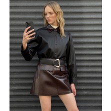 İpekyol Kontrast Yaka Deri Görünümlü Gömlek IW6250025145001