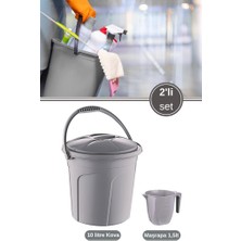 Flora 2’li Temizlik Kova Seti, Kapaklı Kulplu Plastik Su Kovası 10 Litre + Maşrapa 1,5 Litre 2’li Set Gri