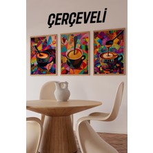 KutuTR ☕ Renkli Soyut Kahve Temalı Ahşap Çerçeveli 3’lü Tablo Seti – Mdf Üzerine Uv Baskılı CRV1018 23 x 32