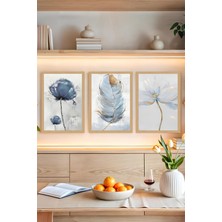 KutuTR 🖼️ Mavi Tonlarda Çiçek ve Tüy Desenli 3'lü Tablo Seti - Çerçevesiz Uv Baskılı CRVS1055 13 x 17