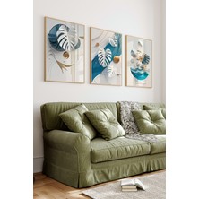 KutuTR 🌊 3'lü Çerçeveli Modern Yaprak ve Dalga Temalı Tablo Seti – Uv Baskılı, Mdf Zeminli🎨 CRV1028 23 x 32