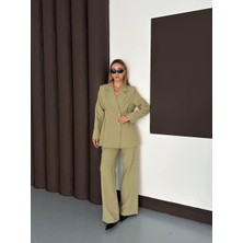 Belden Oturmalı Kadın Haki Ceket Pantolon Takım