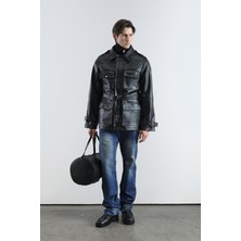 Giesto Kemerli Deri Siyah Parka