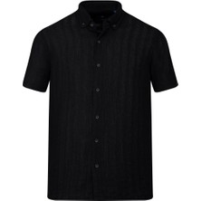 Hatemoğlu Siyah Comfort Fit Çizgili Düğmeli Yaka 100% Pamuk Kısa Kollu Casual Gömlek