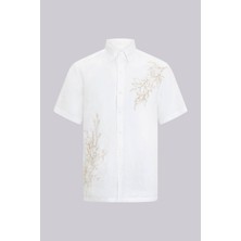 Hatemoğlu Beyaz Comfort Fit Düğmeli Yaka 100% Keten Kısa Kollu Gömlek