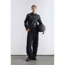 Giesto Çift Cepli Regular Fıt Deri Siyah Gömlek