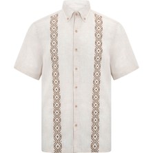 Hatemoğlu Bej Comfort Fit Düğmeli Yaka 100% Keten Kısa Kollu Gömlek