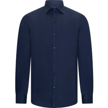 Hatemoğlu Lacivert Slim Fit Açık Italyan Yaka Uzun Kollu Saten Gömlek