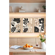 KutuTR 🌿 Bej, Kahverengi ve Siyah Çiçek Desenli 3'lü Tablo Seti – Uv Baskılı- Çerçevesiz Mdf CRVS1065 13 x 17
