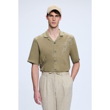 Hatemoğlu Haki Comfort Fit Düğmeli Yaka 100% Keten Kısa Kollu Gömlek