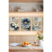 KutuTR 🖼️ Mavi ve Krem Tonlarında Kabartmalı Çiçek Temalı 3’lü Tablo Seti Çerçevesiz Mdf Uv Baskı CRVS1054 13 x 17