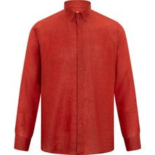 Hatemoğlu Kiremit Comfort Fit Düğmeli Yaka 100% Keten Uzun Kollu Gömlek