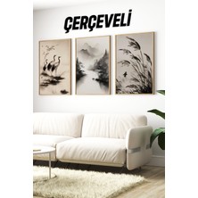 KutuTR 🏞️ Zen Doğası: Japon Fırça Sanatı Stilinde 3’lü Çerçeveli Tablo Seti🌿 CRV1107 23 x 32