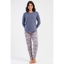 Vienetta Kadın Büyük Beden Füme Uzun Kollu Bisiklet Yaka Çiçek Desenli Alt Pijama Takım C5T4N3305