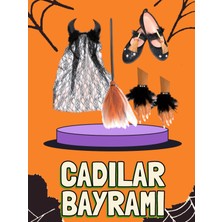 3b Kids Kız Çocuk Cadılar Bayramıııııı Halloween Aksesuar Seti Tüylü Eldiven Boynuz Taç Süpürge Siyah Babet Süpürge