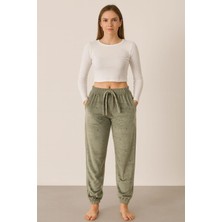 Pemilo Kadın Cepli Paça Lastikli Kadife Tek Alt Yeşil