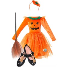3b Kids Kız Çocuk Cadılar Bayramı Halloween Turuncu Balkabaklı Kostümü Elbise +Taç + Süpürge + Siyah Babet