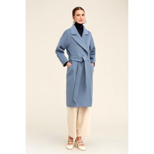 Hatemoğlu Saykı Woman Mavi Regular Fit Ceket Yaka Kaşe Yünlü Oversize Manto