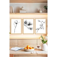KutuTR 🖼️ Siyah Beyaz Minimal Çiçek ve Dal Temalı 3'lü Çerçeve Görünümlü Tablo Seti 🌟 CRVS1103 13 x 17