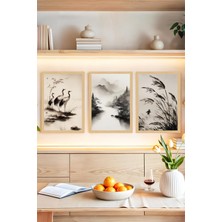 KutuTR 🖼️ Uzak Doğu Esintili Siyah-Beyaz Çerçeve Görünümlü 3’lü Tablo Seti🌟 CRVS1107 13 x 17