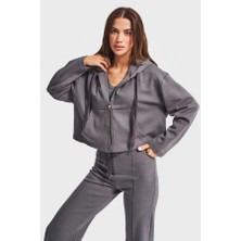 Its Basic Itsbasic Kadın Antrasit Örme Kumaş Flare Eşofman Büstiyer ve Fermuarlı Sweatshirt 3'lü Kombin Takım