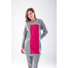 Plistre 2277_KADIN Tesettür Homewear Eşofman Takım – Bisiklet Yaka Sweat, Dikiş Detaylı, Havuç Fit, Fuşya gri