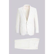 Hatemoğlu Beyaz  Slim Fit Sivri Yaka Çizgili Keten Casual Takım Elbise