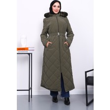 İmaj Butik Haki Kapüşonlu Kapitone Uzun Şişme Mont