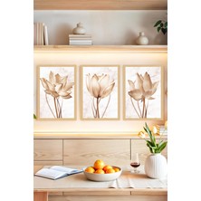 KutuTR 🌸 Zarafetin Yeni Yüzü: Sepya Lotus Çiçekleri Temalı 3’lü Çerçeve Görünümlü Tablo Seti 🌸 CRVS1147 13 x 17