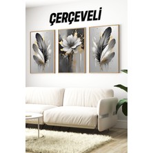 KutuTR 🖼️ Siyah Gri Altın Detaylı Tüy ve Çiçek Temalı 3'lü Ahşap Çerçeveli Mdf Tablo Seti🌿 CRV1143 23 x 32