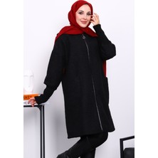 İmaj Butik Siyah Fermuarlı Yün Kaşe Kaban
