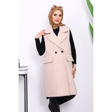 İmaj Butik Bej Kruvaze Yaka Astarlı Kaşe Yelek