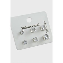 Hg.Aksesuar 6 Adet Kare Zirkon Tek Taşlı Çelik Küpe