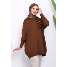 İmaj Butik Kahverengi Soğuk İplik Çiçek Detaylı Triko Tunik