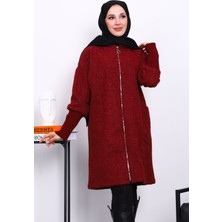 İmaj Butik Bordo Fermuarlı Yün Kaşe Kaban