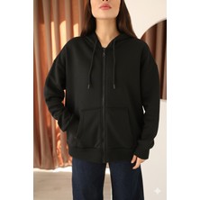 Moviment Siyah Oversize Içi Polar ve Fermuar Detaylı Kapüşonlu Kadın Sweatshirt